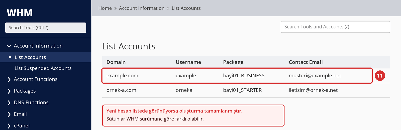 Görsel 7 – Yeni hesap List Accounts listesinde (11). Sütunlar WHM sürümüne göre farklı olabilir; temsilî ekran.