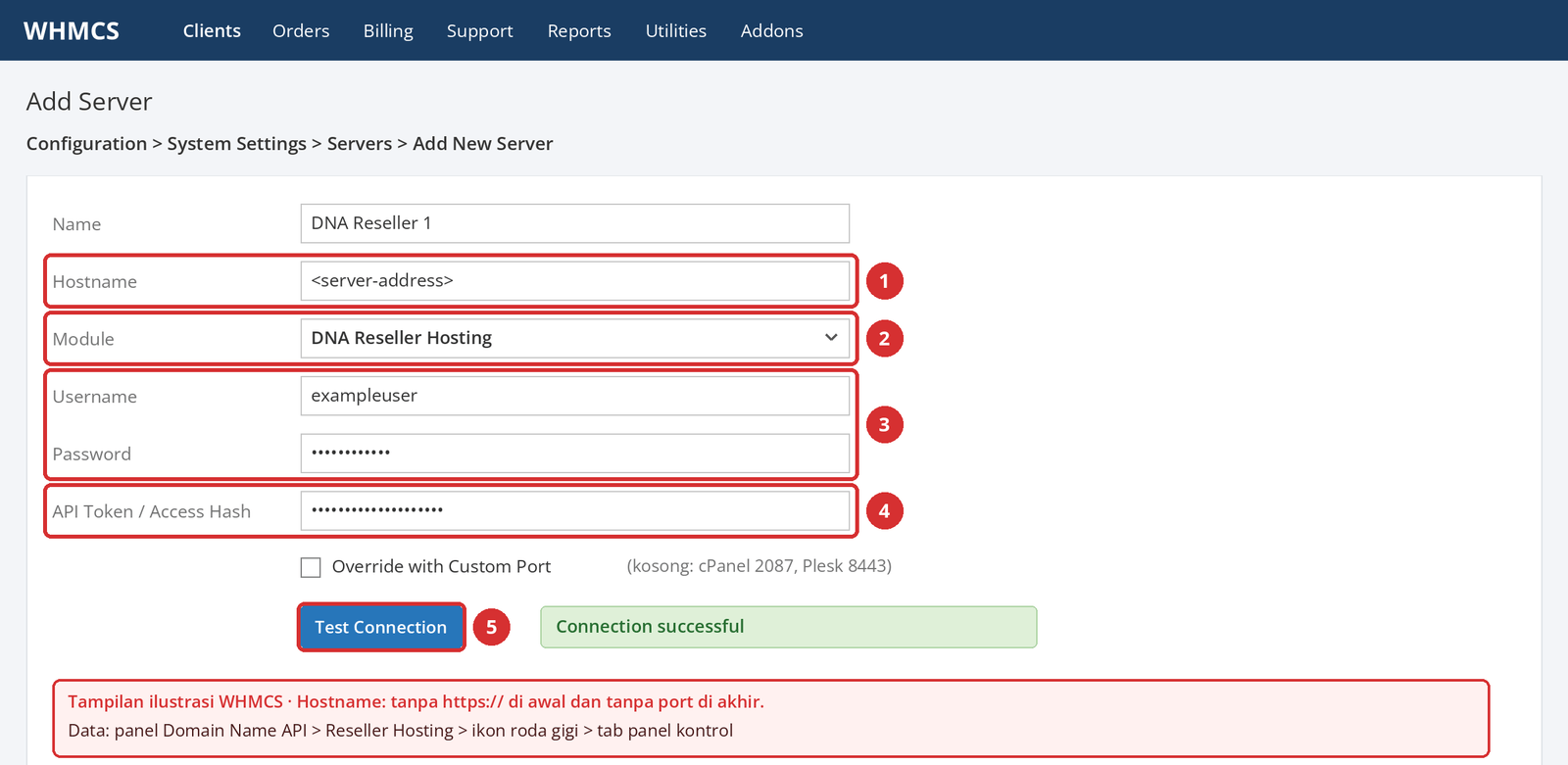 Gambar 5 – Tampilan ilustrasi WHMCS: Hostname (1), Module (2), username dan password reseller (3), token API (4), dan Test Connection (5).