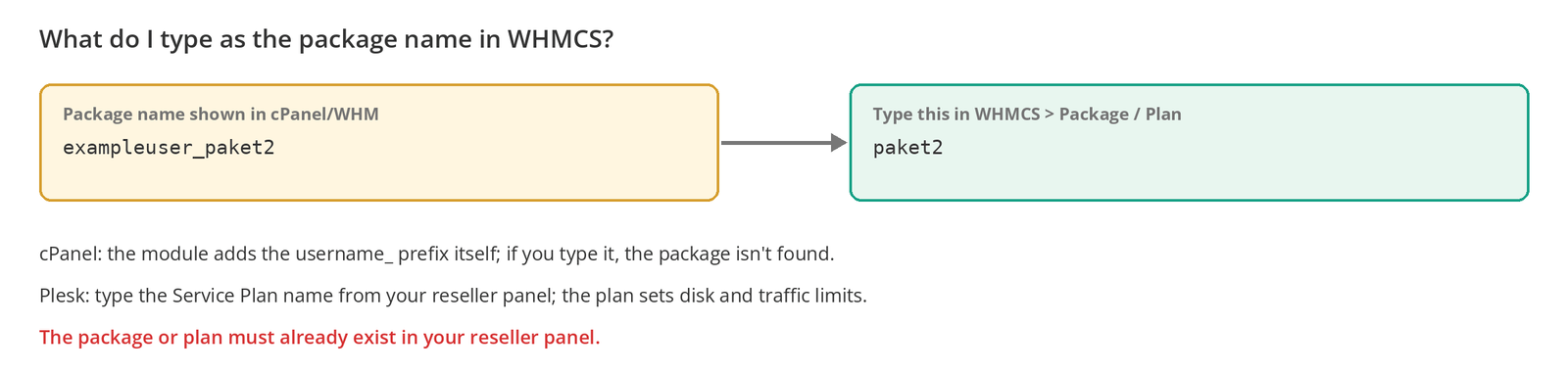 Figure 8 – The cPanel package prefix: for a package shown as exampleuser_paket2, type only paket2 in WHMCS.