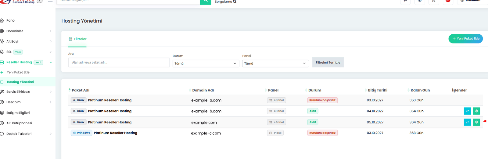 Figure 2 – The hosting list and the gear icon next to an active service (Turkish interface shown). Domains are masked.